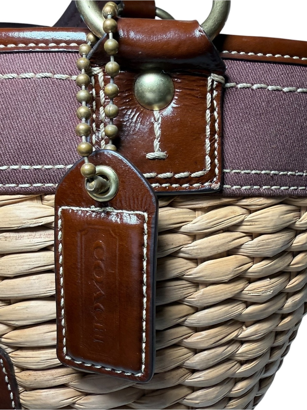 GUC Coach Straw Tote with Brown Leather Trim and Brass Hardware - Picture 8 of 10